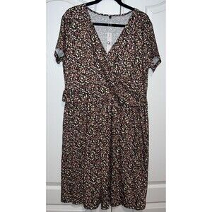 Ouges Floral V-Neck Crossover Short Sleeve Knit Sheath Dress Pink Floral Sz XXL